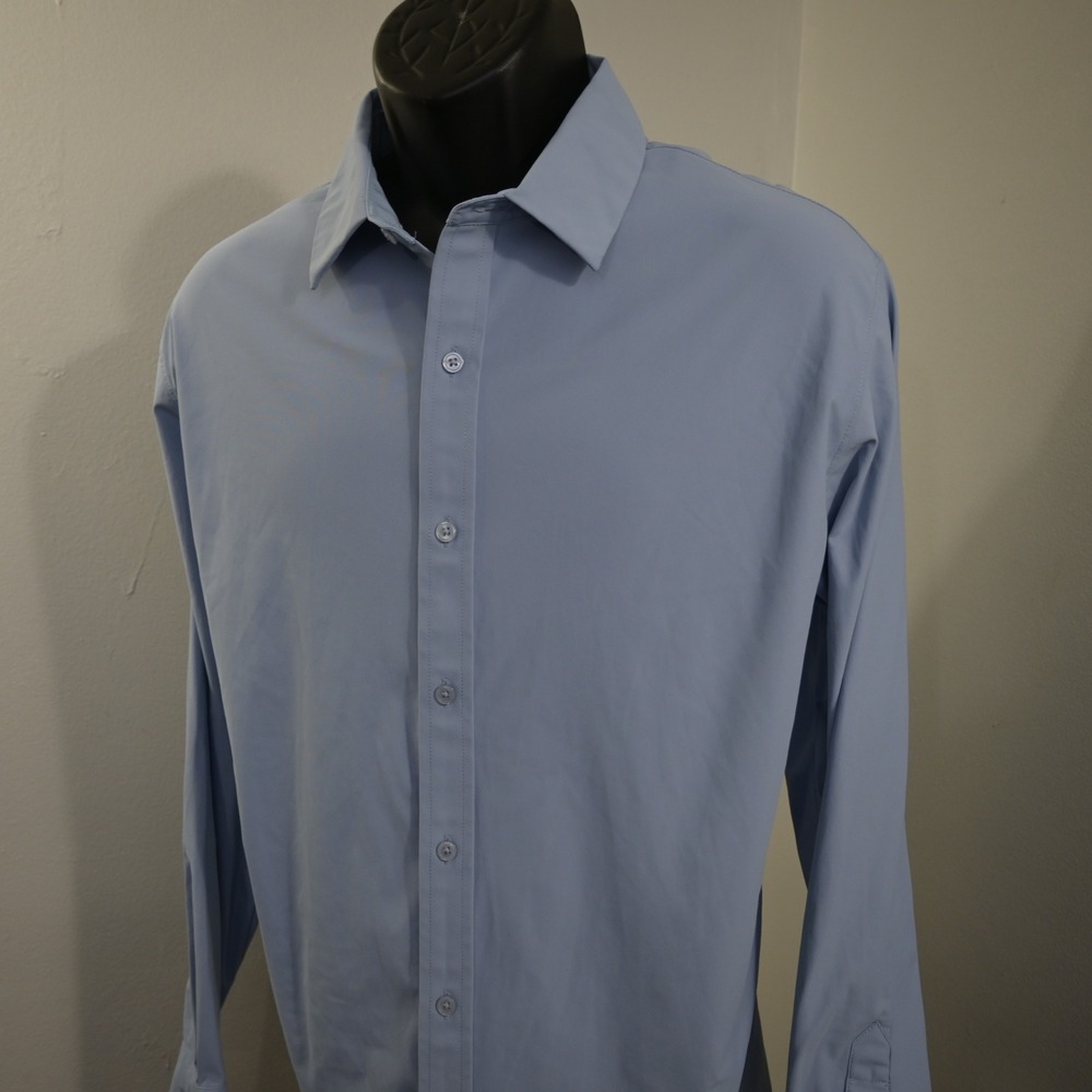 Fabletics Button Up Shirt Mens Large Blue Performance Stretch Long Sleeve